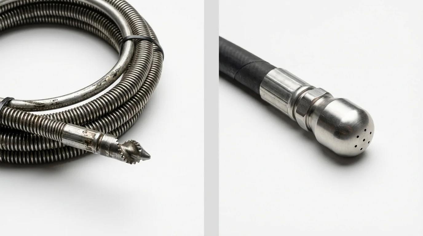 Drain snake cable and hydro jetting nozzle used for drain cleaning in Shafter, CA