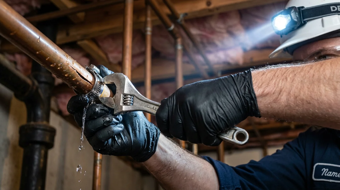 Emergency pipe clamp repair being performed by a Johns Plumbing LLC plumber in Shafter
