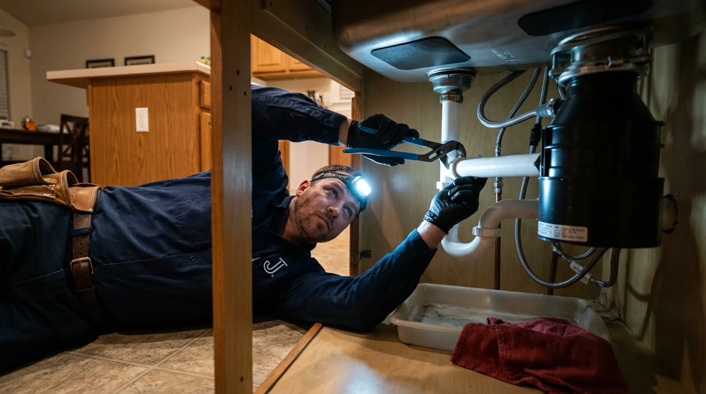 P-trap and supply line connections under a kitchen sink showing a common leak point in Shafter, CA
